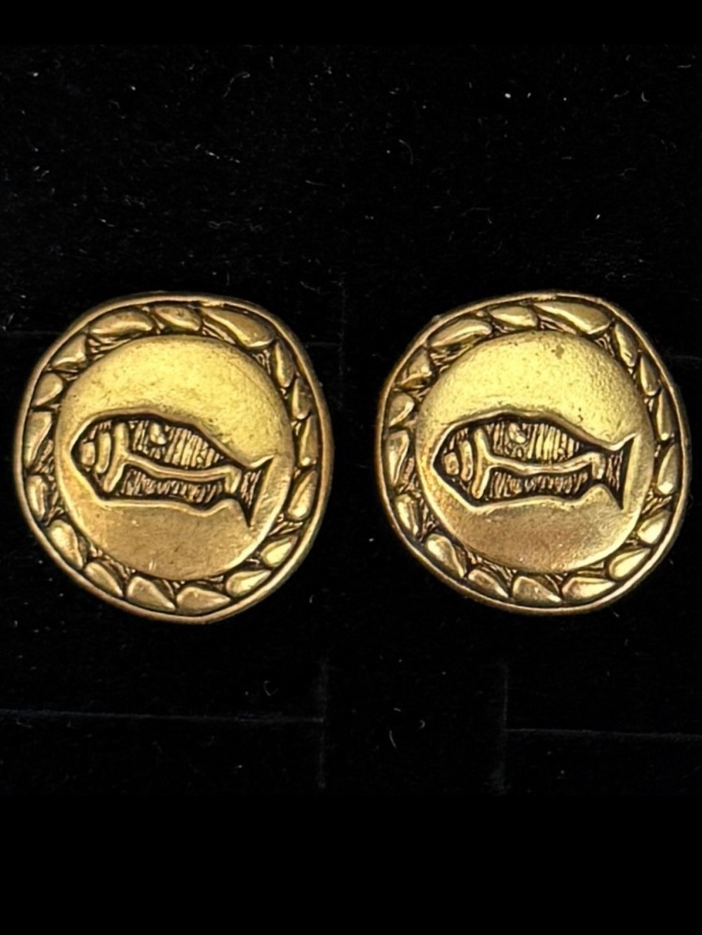 Vintage aged goldtone, etched fish pierced earrings